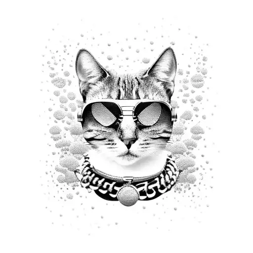 A cool cat wearing a chain collar and sunglasses, with a background of underwater bubbles and coral reefs tattoo design idea