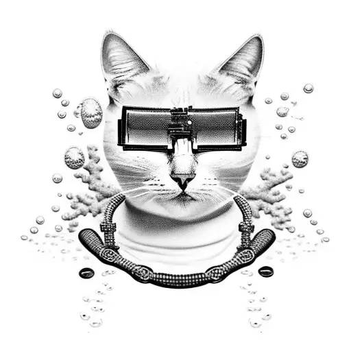 A cool cat wearing a chain collar and sunglasses, with a background of underwater bubbles and coral reefs tattoo design idea
