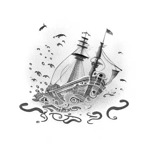 An intricate underwater scene with a diver exploring a shipwreck surrounded by marine life tattoo design idea