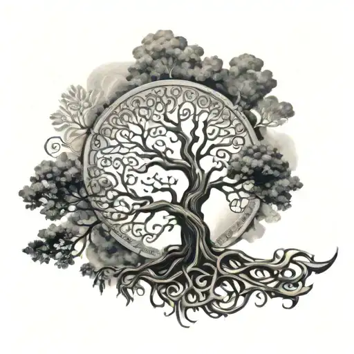 A black and grey tattoo of a majestic tree reaching towards the sky, with celtic patterns etched into the bark and leaves tattoo design idea