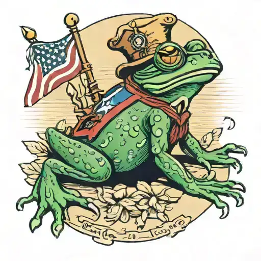 frog in colonial war clothes ascending upwards tattoo design idea