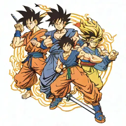 as a tattoo artist generate a drawing of goku, the swordsmen from samuri champloo, itachi, and ken kanaki  tattoo design idea