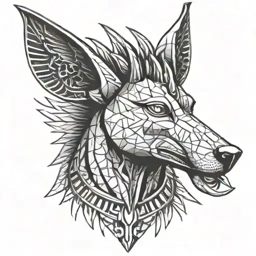 Geometric tattoo design of Egyptian God Anubis, basic line work, Egyptian art, black and white, ornate headdress, symmet tattoo design idea
