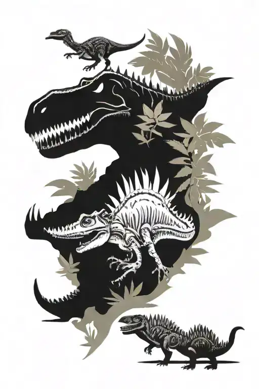 dinosaurs coexsisting in nature with a t-rex eating a raptor and a stegosaurus eating leaves, Jurassic period  tattoo design idea
