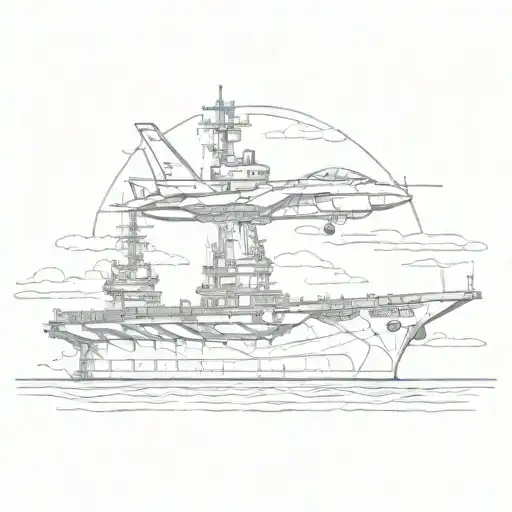 A silhouette of an aircraft carrier with jets taking off tattoo design idea