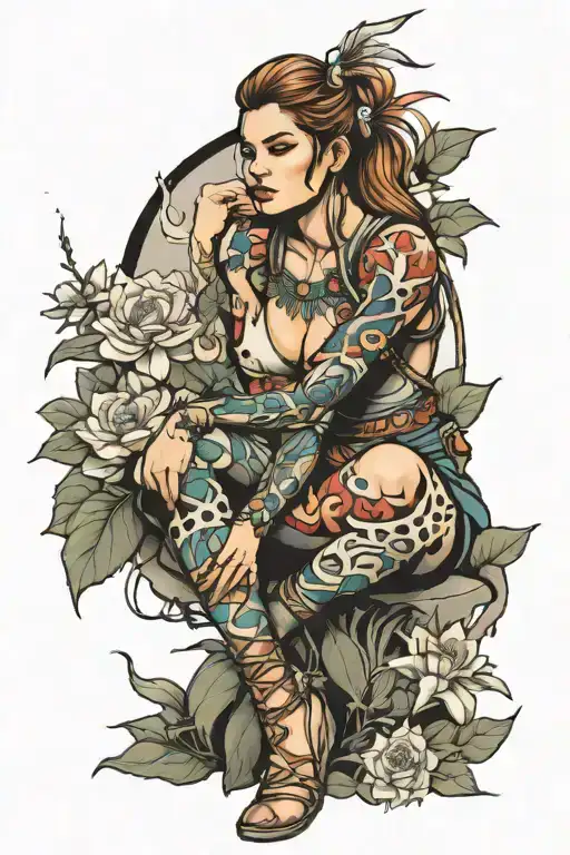 Female warrior hurt sitting in a peaceful garden scene tattoo design idea