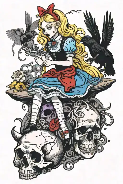 goth alice in wonderland stepping on the skull of rabbit while a murder of crows hovers over her tattoo design idea