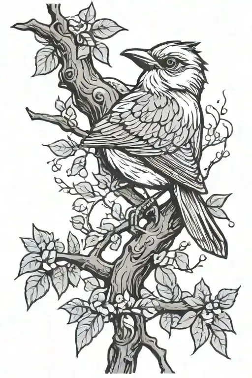 mean bird on tree branch tattoo design idea