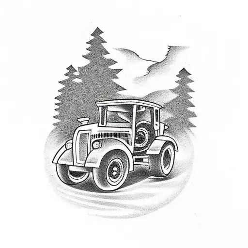 car on road, tractor on field, forest, birds tattoo design idea