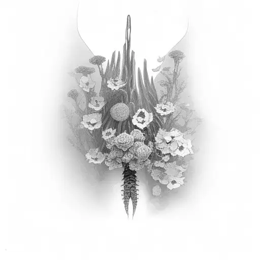 straight spine surrounded by flowers going along spine tattoo design idea