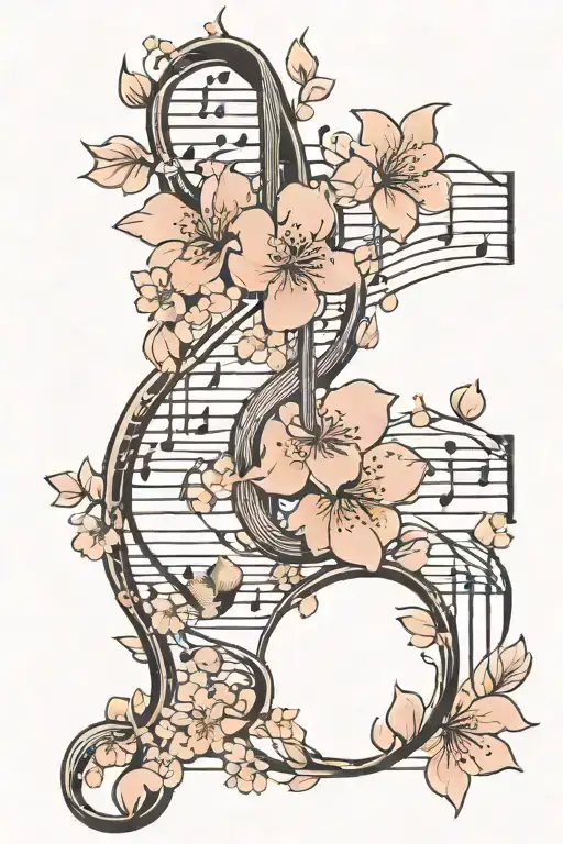 Music notes and cherry blossom branch tattoo design idea