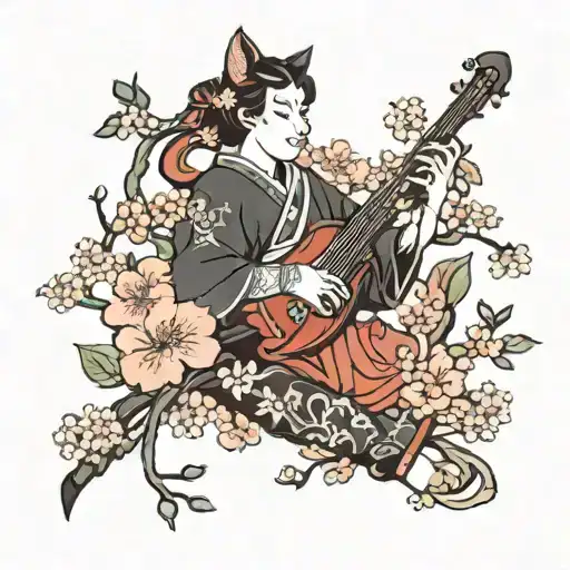 A traditional Japanese-style sleeve tattoo featuring anime characters playing musical instruments, surrounded by cherry blossom trees and cats tattoo design idea