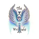 the name Jason W. Maxwell written in cursive with angel wings on both sides tattoo design idea
