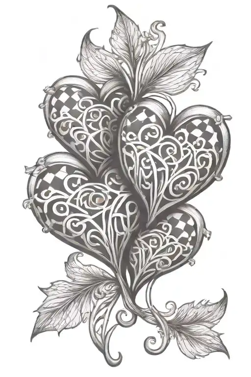 A tattoo of two intertwined hearts, one filled with checkerboard pattern and the other with musical notes, representing your love for both music and love tattoo design idea