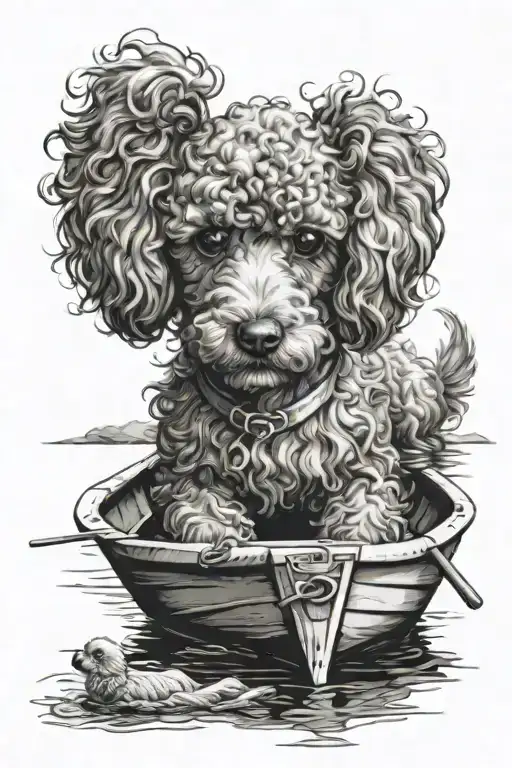 a toy poodle swims on a small boat along the river tattoo design idea