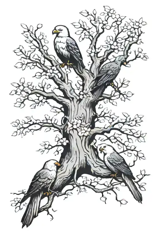 tree to represent my life with three birds a cartoon tweety, a bald eagle and a chickadee to represent passed loved ones tattoo design idea
