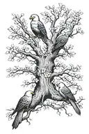 tree to represent my life with three birds a cartoon tweety, a bald eagle and a chickadee to represent passed loved ones tattoo design idea