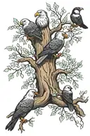 tree to represent my life with three birds a cartoon tweety, a bald eagle and a chickadee to represent passed loved ones tattoo design idea