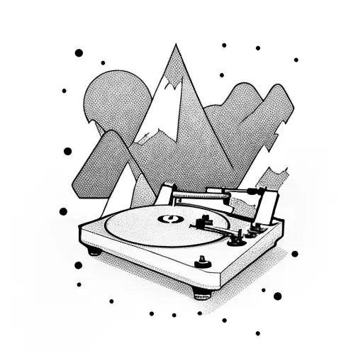 A DJ mixing turntables on top of a mountain peak tattoo design idea