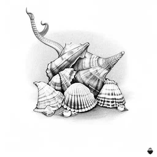 collection of 5 shells, conch, nautalis, cowrie, starfish, nautalis tattoo design idea