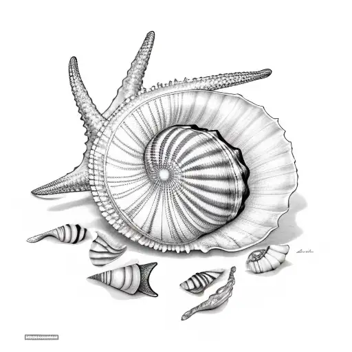 5 shells grouped, conch, nautalis, cowrie, starfish, nautalis tattoo design idea