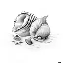 5 shells grouped, conch, nautalis, cowrie, starfish, nautalis tattoo design idea