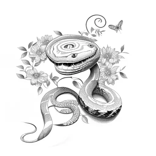 snake around flowers with butterflies near flowers  tattoo design idea