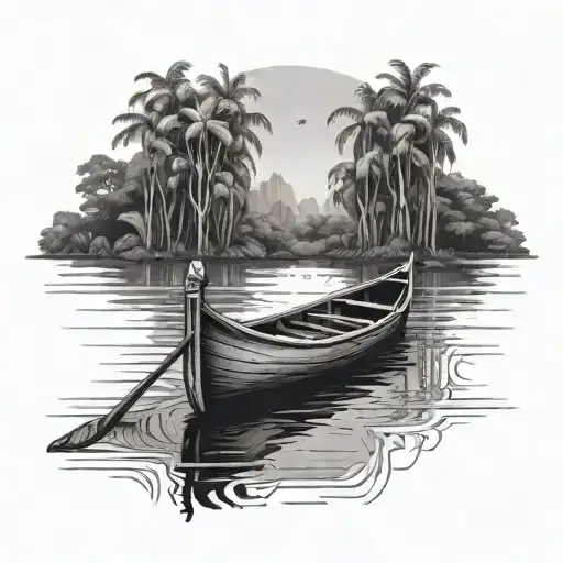 POV view of the end of a wooden canoe boat on the Amazon river with trees and the rainforest in the back tattoo design idea