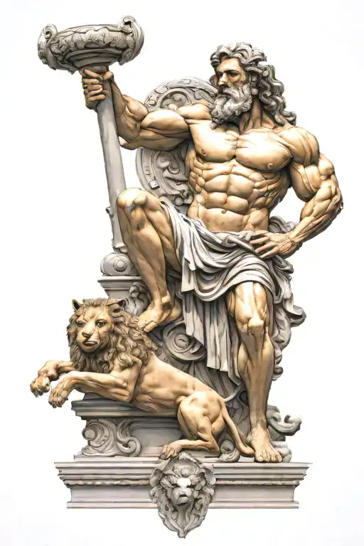Hercules statue with lions mane Greek with time in the backdrop  tattoo design idea