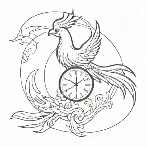 A phoenix merging with a clock to represent eternal life tattoo design idea