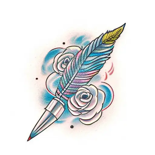 perseverance with a feather writing it and flames around it. tattoo design idea