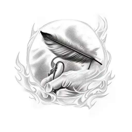 word perseverance with a feather writing it and flames around it. tattoo design idea