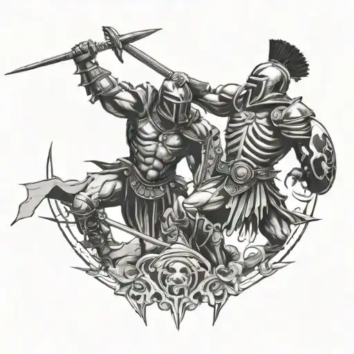A fierce gladiator facing off against a skeletal warrior in an epic battle scene tattoo design idea