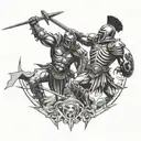 A fierce gladiator facing off against a skeletal warrior in an epic battle scene tattoo design idea