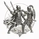 A fierce gladiator facing off against a skeletal warrior in an epic battle scene tattoo design idea
