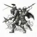 A fierce gladiator facing off against a skeletal warrior in an epic battle scene tattoo design idea