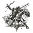 A fierce gladiator facing off against a skeletal warrior in an epic battle scene tattoo design idea