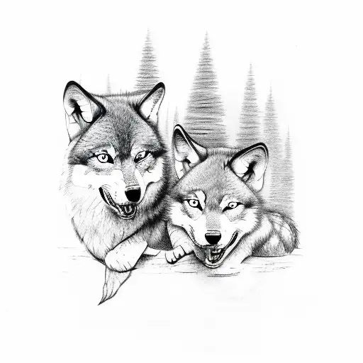 A sketch-style tattoo featuring two wolf cubs playing, representing the playful and adventurous nature of the client's daughters tattoo design idea