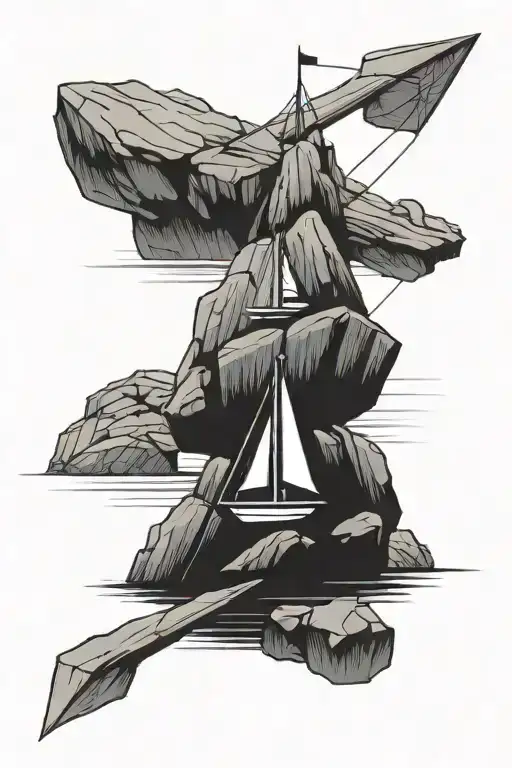 cross on top of rocks with a sailboat and baseball tattoo design idea