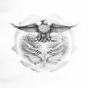 An eagle soaring through a detailed dotwork sky, with a dragon wrapping around its wings in a blackwork style tattoo design idea