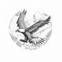 An eagle soaring through a detailed dotwork sky, with a dragon wrapping around its wings in a blackwork style tattoo design idea