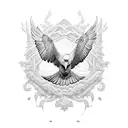 An eagle soaring through a detailed dotwork sky, with a dragon wrapping around its wings in a blackwork style tattoo design idea