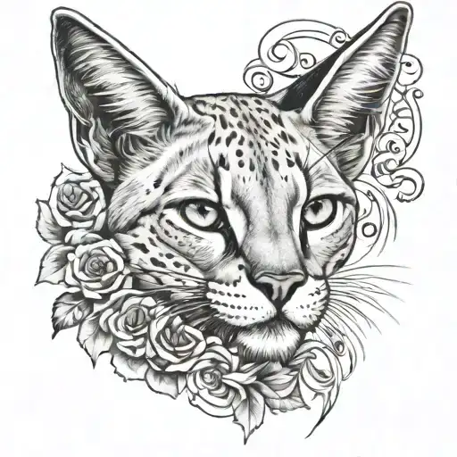 A realistic portrait of a caracal with a skull motif and the phrase 'memento mori' written in a decorative script tattoo design idea