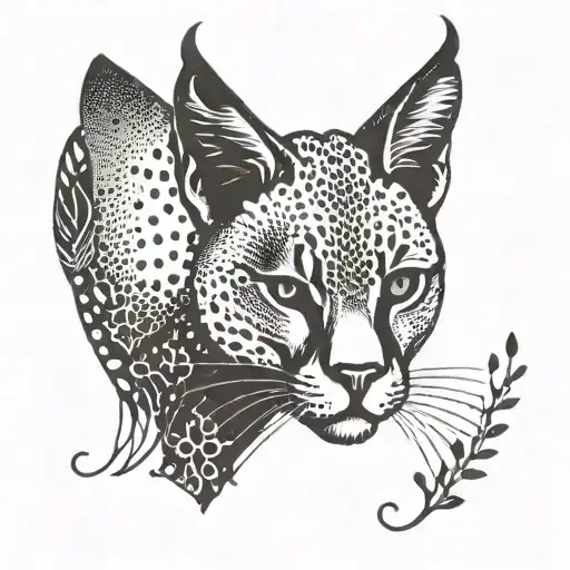 A dotwork style tattoo of a caracal silhouette with the phrase 'memento mori' hidden within the negative space tattoo design idea