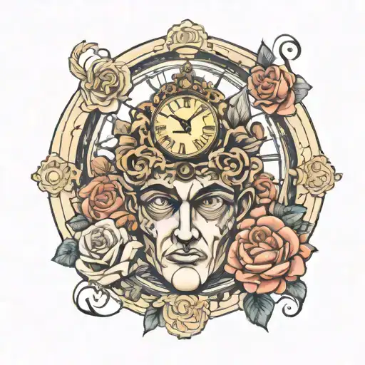 Greek god face with roses and Roman clock with eye in the centre  tattoo design idea