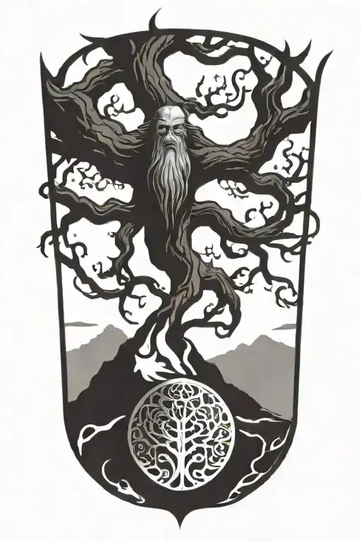 The god Odin hanging from the world tree Yggdrasil  tattoo design idea