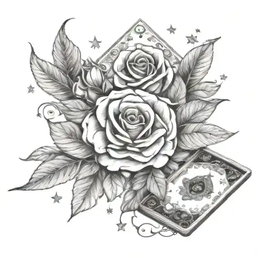Roses, jasmin, leaf, little stars, crescent moon and tarot cards  tattoo design idea