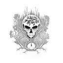 A surreal blackwork tattoo depicting a forest with trees shaped like skulls, representing the harmony between life and death tattoo design idea
