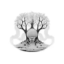 A surreal blackwork tattoo depicting a forest with trees shaped like skulls, representing the harmony between life and death tattoo design idea