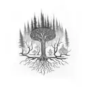 A surreal blackwork tattoo depicting a forest with trees shaped like skulls, representing the harmony between life and death tattoo design idea